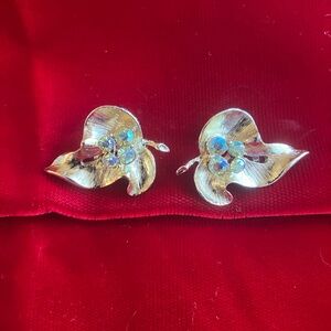Vintage Goldtone Matte Aurora Borealis Crystal Clip On Earrings